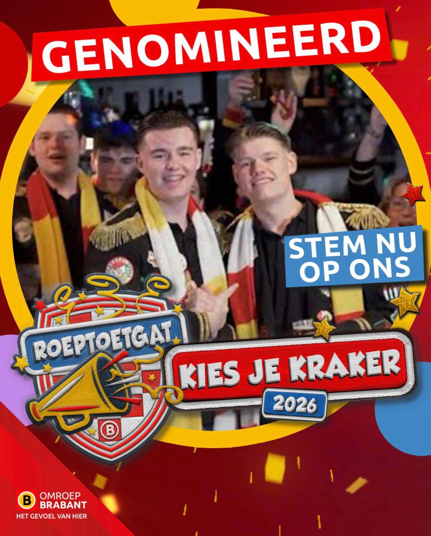 Na een geweldige editie van FEESSIE gisteren van CV Veni Vidi Vici mag het nu echt de lucht in! Bjorn en Milan doen mee aan ‘kies je kraker’ van Omroep Brabant! 

Stemmen jullie mee op Bjorn en Milan? Ze verdienen het met hun liedje ‘Altijd as vandaag’ 

https://www.omroepbrabant.nl/kiesjekraker