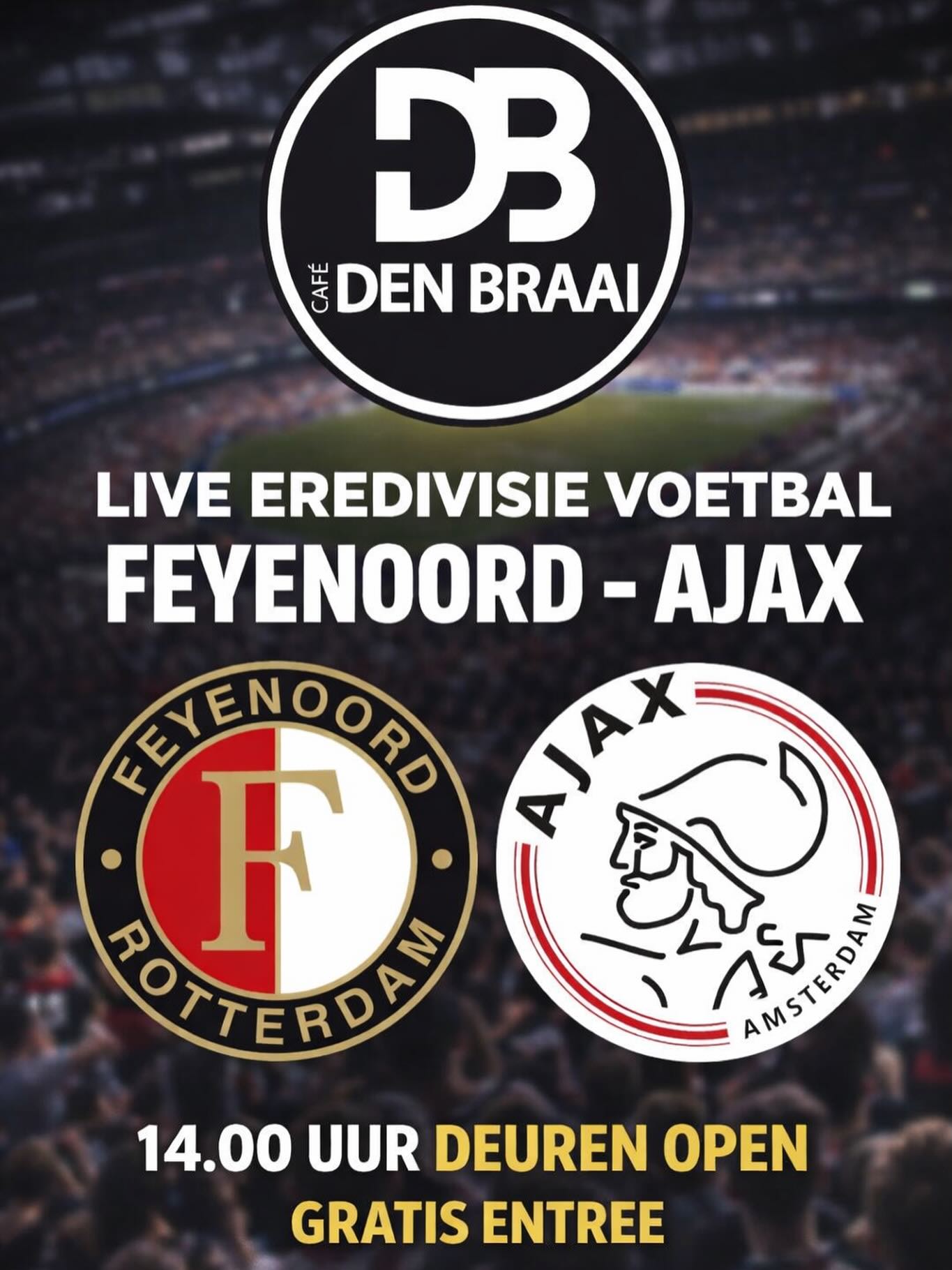 Morgen, zondag 22 maart live eredivisie op 3 schermen in ons café!

We gaan een uurtje eerder open, om 14.00 uur!

Tot morgen!⚽️