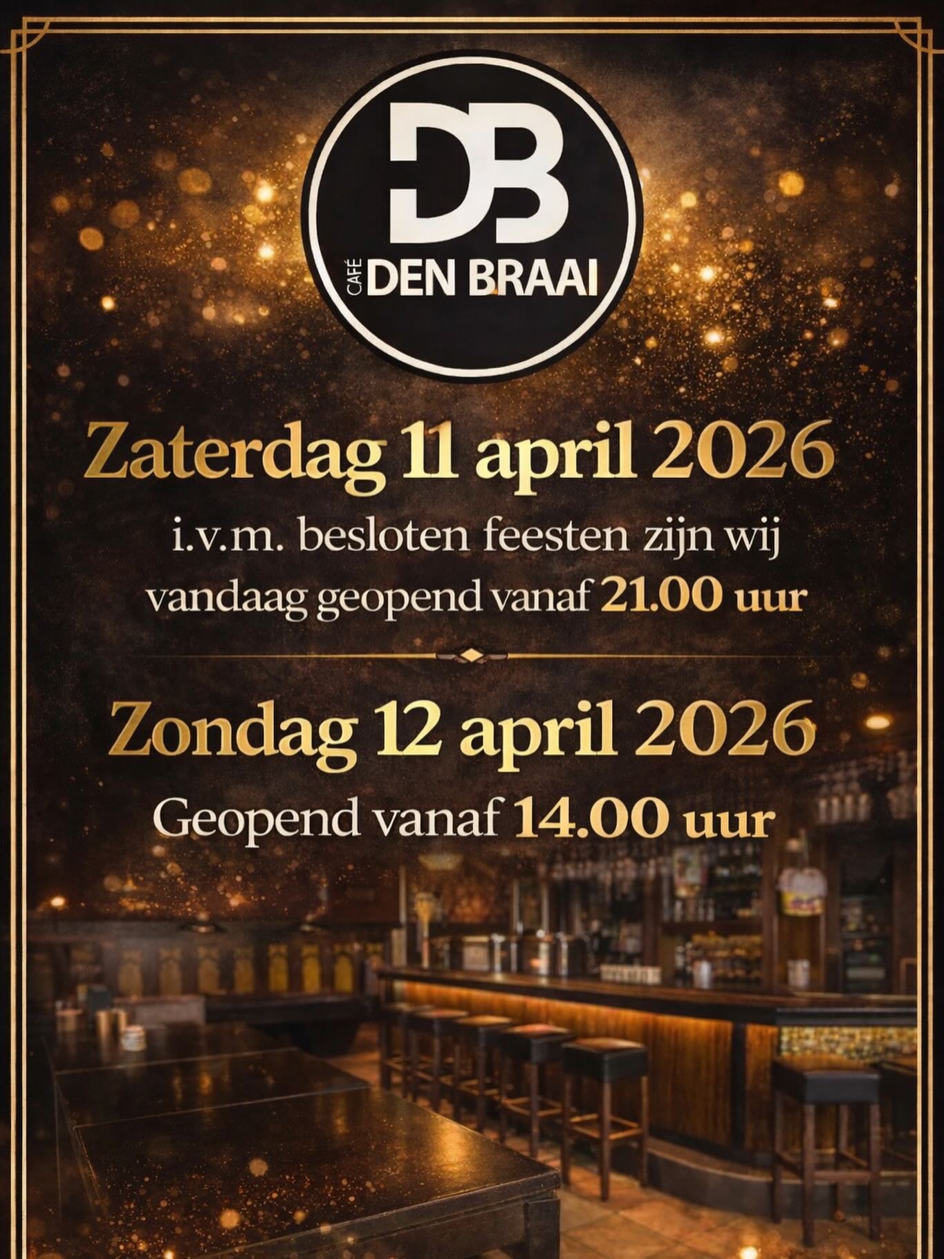 Aangepaste openingstijden dit weekend!!

Morgen gaan we een uurtje eerder open i.v.m. Wielercafé. 🚲