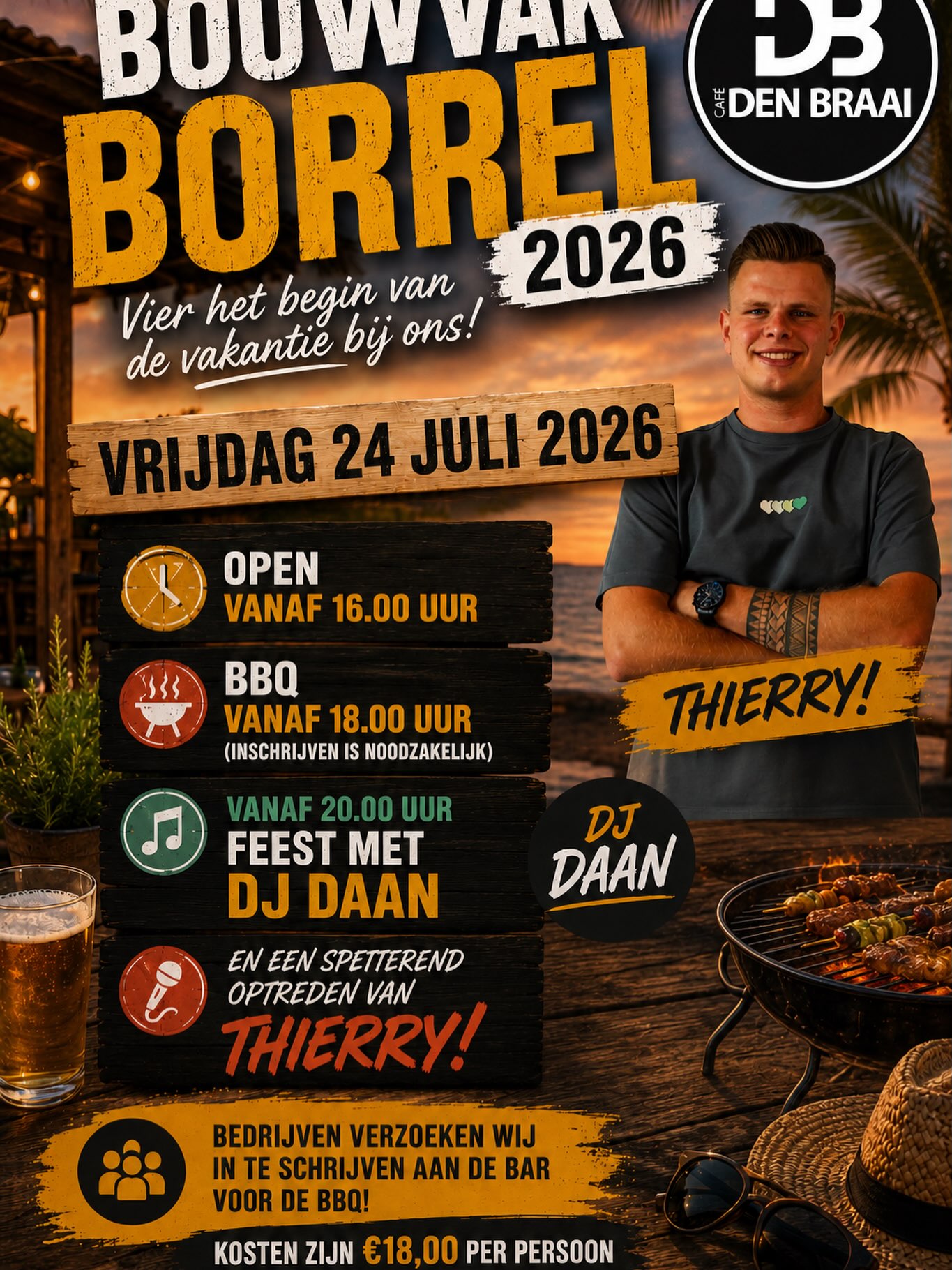 Over 2 weken, op vrijdag 24 juli 2026 vieren wij het begin van de vakantie!

⏰ open vanaf 16.00 uur
🥩 BBQ vanaf 18.00 uur
🥳 feest vanaf 20.00 uur

Voor de BBQ is het nodig om je in te schrijven zodat we zeker genoeg hebben. Dit kan tot en met zondag 19 juli 2026 bij ons aan de bar. 
De BBQ wordt verzorgt door Princee Partyservice uit Drunen.

Wij zijn i.v.m. vakantie gesloten van maandag 27 juli 2026 tot en met woensdag 12 augustus 2026🌴☀️
